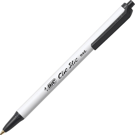 Bic Clic Stic Pen, Medium Point, 24/BX, Black Ink/White Barrel PK BICCSM241BLK